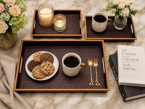 Image of KITCHIVO 3 Pcs Plastic Serving Tray Set with Handle | Multipurpose Tea Snacks Breakfast Tray | Floral Printed Rectangular Serving Trays for Kitchen & Home (Dark Chocolate)