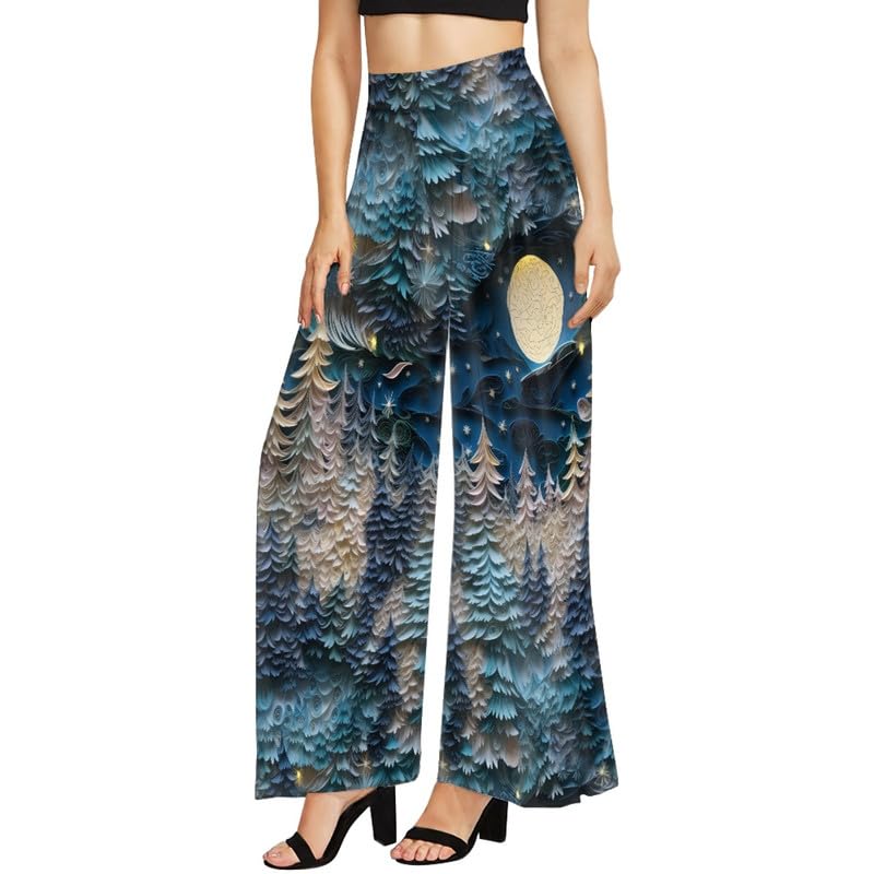Irisjudy Womens Casual Wide Leg Long Lounge Pant Trousers, Monet Art Elastic High Waisted Palazzo Trousers Plus Size Clubwear