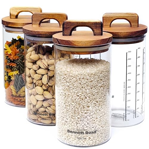 Bennett Road Boîtes de conservation en verre avec couvercles – lot de 4 bocaux en verre hermétiques 1,2 L (40 oz) avec couvercles en bois d’acacia,...