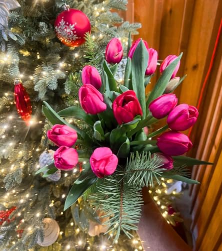 stargazer barn jingle bell bouquet red tulips fresh flowers bouquet fresh cut flowers with christmas greens - bouquet of flowers for christmas or holidays - 15 stems