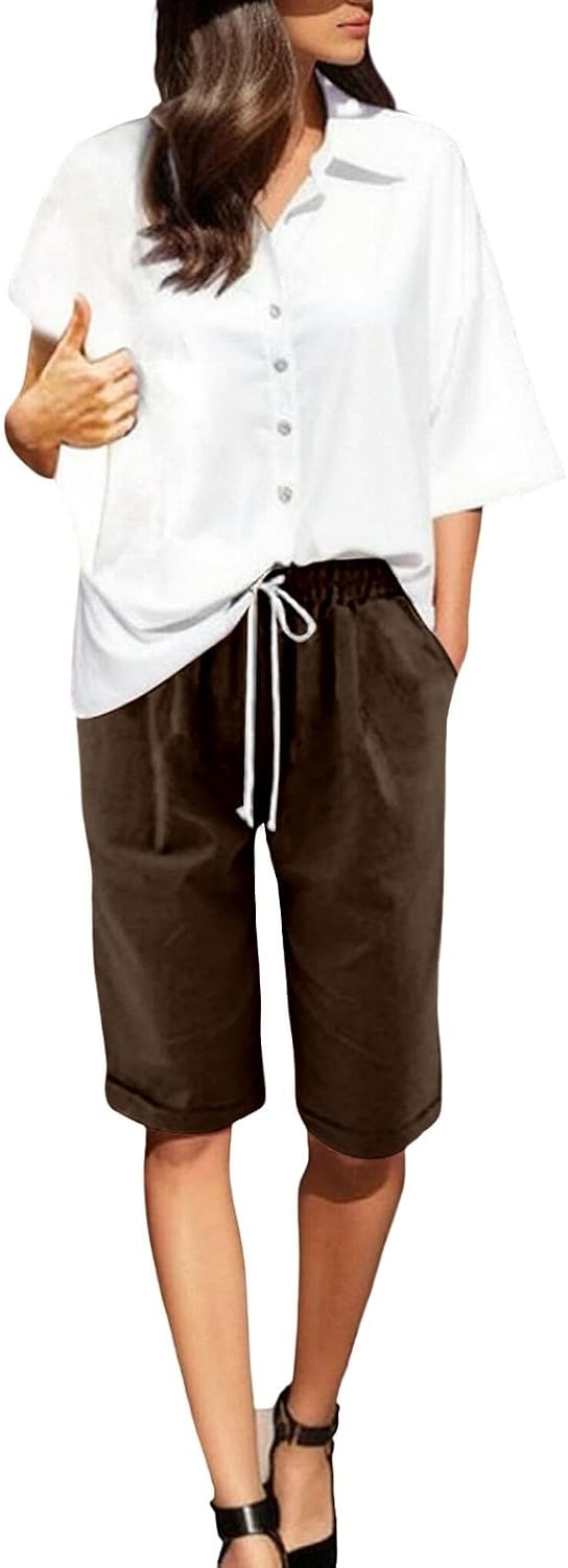 Womens High Waist Capri Pants Knee Length Cotton Linen Capris Summer Straight Leg Loose Pockets Beach Bermuda Shorts