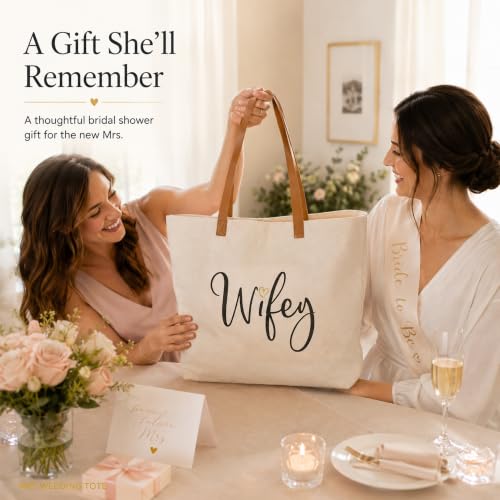 Image of ELEGANTPARK Wifey Tote Bag for Bride - Large Canvas Wedding Bag with Zipper - Bachelorette Party Engagement Gift, Honeymoon Beach Travel Bag