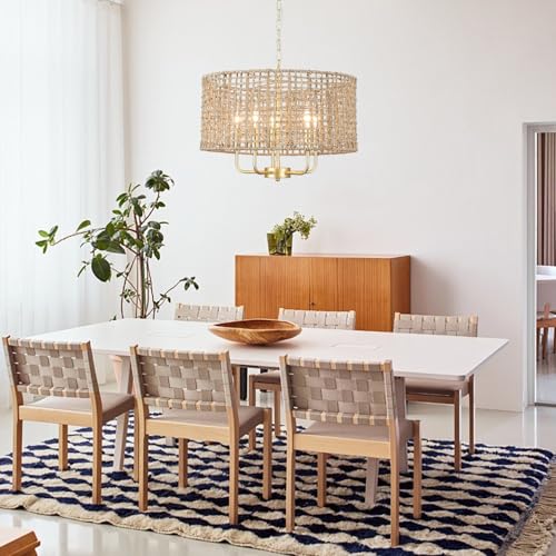 Rattan Woven Boho Chandelier Light Fixture for Dining Room 5 Light, 19'' Gold Hand Woven Drum Wicker Light Fixture Ceiling Hanging, Coastal Rattan Pendant Light for Living Room Entryway Bedroom - Image 4