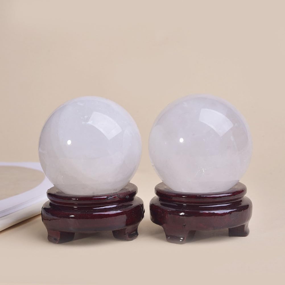 Quartz Sphere White Crystal Ball with Wooden Base Feng Shui Gemstone Ball Sculpture Figurine Ornaments for Witchcraft and Decorative Balls,10cm