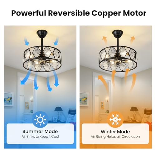Image of Ceiling Fan with Lights and Remote, 19 Inch Modern Fandelier Ceiling Fan with Brushless DC Motor, Semi Flush Mount Drum Ceiling Fan with 6 Speeds, Reversible Quiet Indoor Fan for Bedroom Living Room