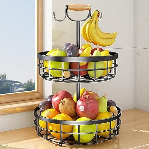 2-Tier Fruit Basket Bowl with Dual Banana Hanger Cover