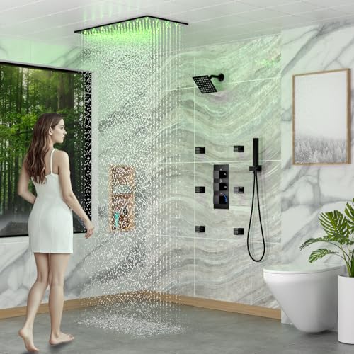 Sistema termostático de ducha doble Enga, cabezal de lluvia LED de 15.7 x 31.5 pulgadas para techo con cabezal de pared de 6 pulgadas y 6 jets corporales con interruptor, grifería multifunción de ducha, acabado negro mate miniatura 2