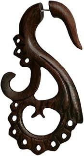 CHICNET Piercing falso de madera de sono de acero inoxidable tallado a mano, grande, color marrón oscuro, dilatador de madera para hombre y mujer, dilatador de caracol, espiral, pendientes unisex,