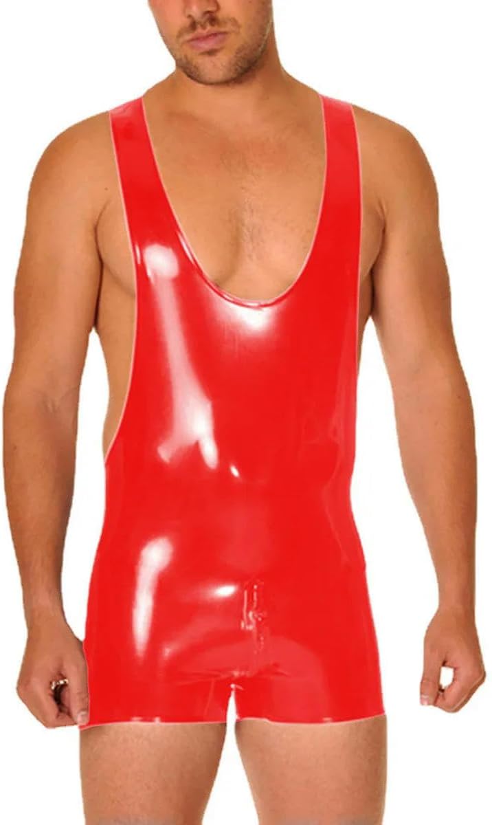 Mens Bodysuit PVC Leather Sleeveless Short Jumpsuit Party Club Rompers customizable