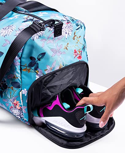 Large Duffle Bag For Women - 22" Duffle Bag For Gym Beach And Travel - Large Duffle Weekender Bag With Large Cosmetic Pouch (Turquoise Flowers) #TOP6
