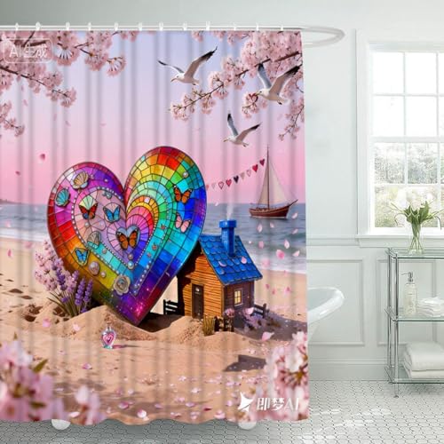 Svnthqp Heart Shower Curtain Set Rainbow Mosaic Blue Roofed Beach Hut Blossoms Butterflies Sailboat Bathroom Curtains Polyester Fabric Waterproof Bath Curtains Decor 66" W x 72" L with Hooks