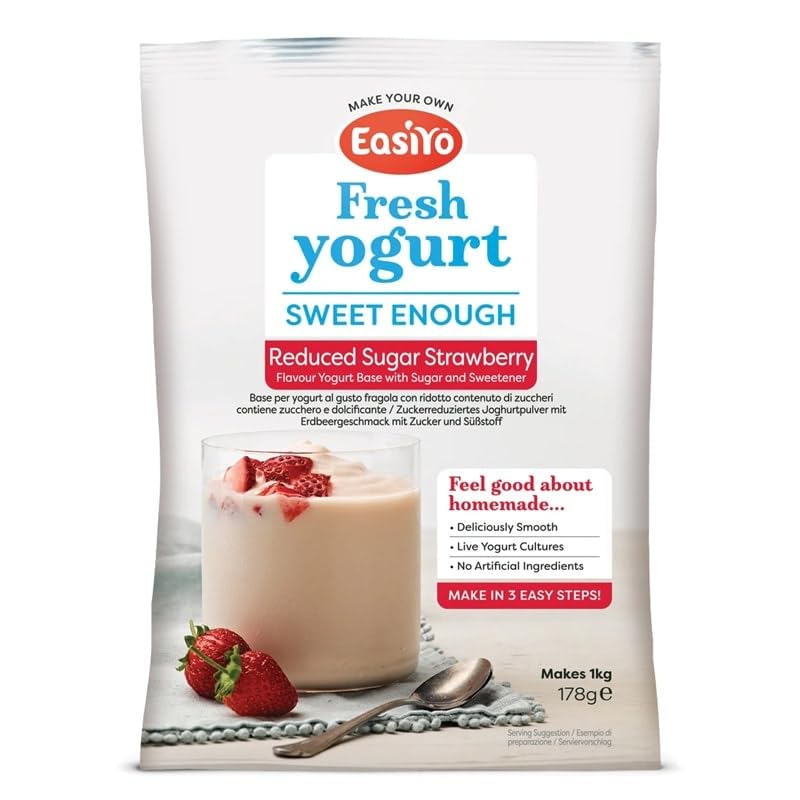 EasiYo Joghurt Erdbeere zuckerreduziert, 8 Beutel | Jeder Beutel ergibt 1 kg Joghurt