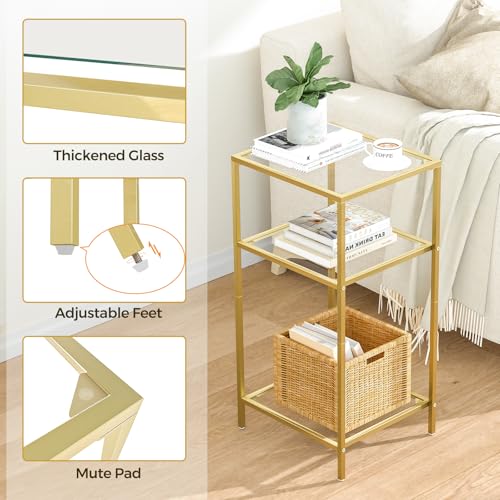 Homhedy 3-Tier Side Tables Set of 2, End Tables with Tempered Glass, Nightstands with Storage Shelves, Slim Sofa Tables for Living Room, Bedroom (2, Golden) by Homhedy - Image 3