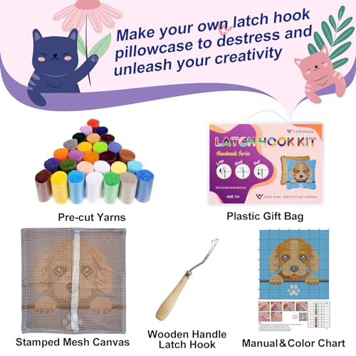 Image of Golden Retriever Puppy Latch Hook Kits for Adults Kids, Beginners DIY Throw Pillow Kit Pre-Printed Pillowcase Hook and Latch Rug Kits Cross-stitch Cushion Cover for Home Sofa Decoration 17x17 in.