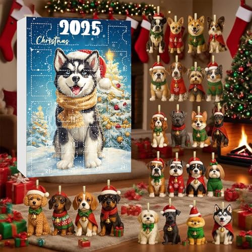 Arroopu Adventskalender mit Hunde-Motiv - 2D Flach Wiederverwendbar Saisonal,24-Tägiger Adventskalender Mit Anhängern In Hundemotiv,Für Familien Freunde Erwachsene Haustierliebhaber Bäume Fenster Und