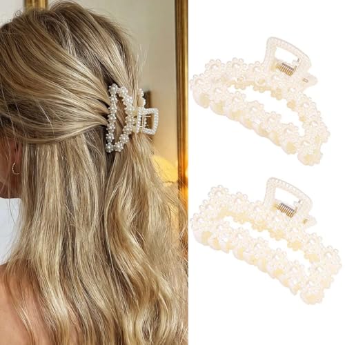 CAKURE Pearl Hair Clips White Medium Claw Clips Non Slip Hair Accessories for Women (Pack of 2)