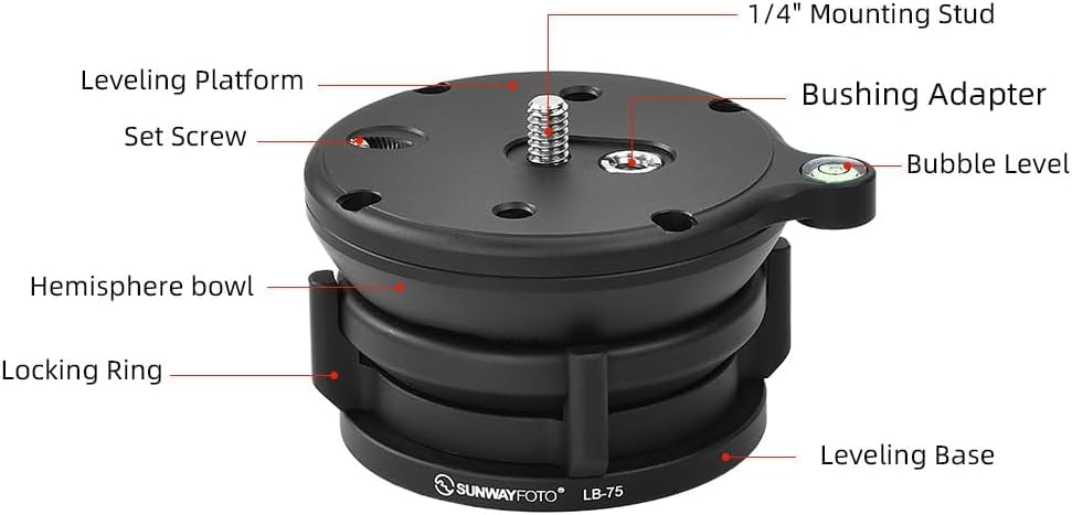 Sunwayfoto Black LB-75 75mm Low Profile Leveling Base for Tripod w Butterfly Lock Collar +/-15° Tilt