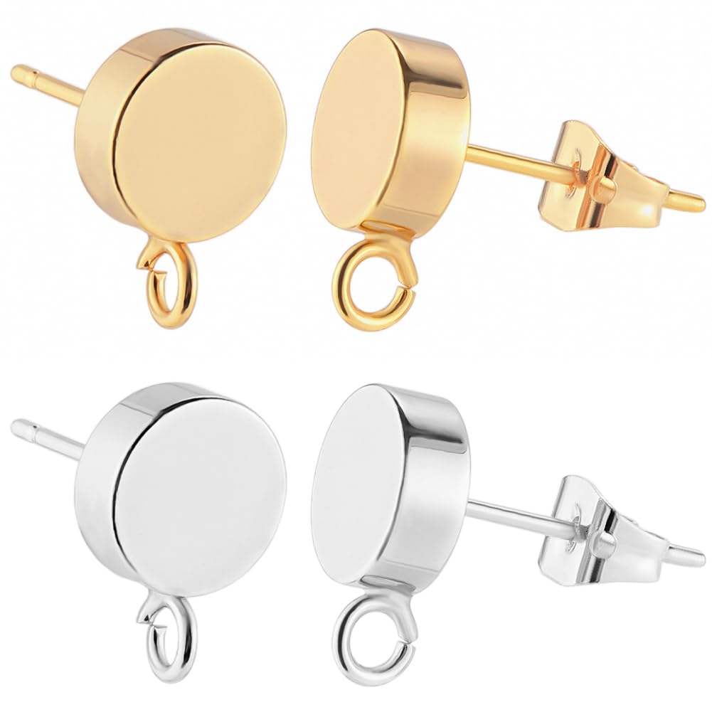 Beebeecraft 2 Color 20Pcs Flat Dot Stud Earrings Findings 8mm 18K Gold & 925 Sterling Silver Plated Round Top Disc Earring Posts with 20Pcs Butterfly Ear Nuts for Jewellery Making Women Men DIy Craft