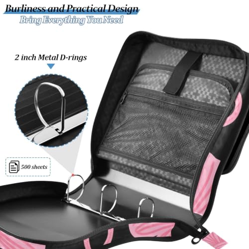Image of Custom 3 Ring Zipper Binder Pink Bow Black Personalized Name 1.5 Inch Binders Large Capacity Multi Pockets for School Office Supplies