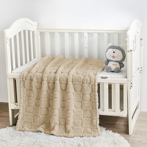 Image of Yurhap Heart Baby Blanket, Love Plush Fleece Baby Blankets for Boys Girls | Soft Sherpa Baby Boy Blankets for Infant Toddler Newborn Gifts, Fluffy Baby Essentials, For Crib Stroller, 30 inchx40 inch, Khaki