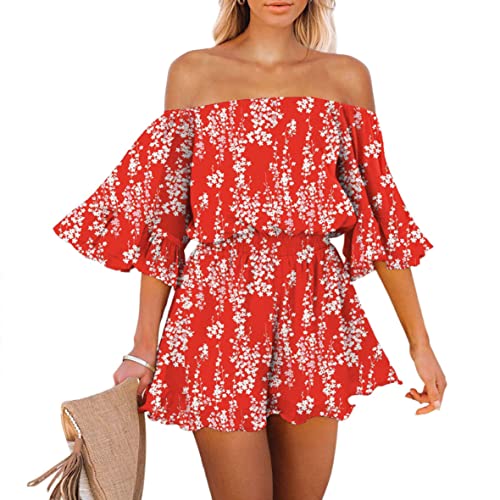 Pink Queen Damen Trägerlos Boho Jumpsuit Mini Kleid Rüschen Strampler Shorts Schulterfrei Sommer Spielanzug Rot M