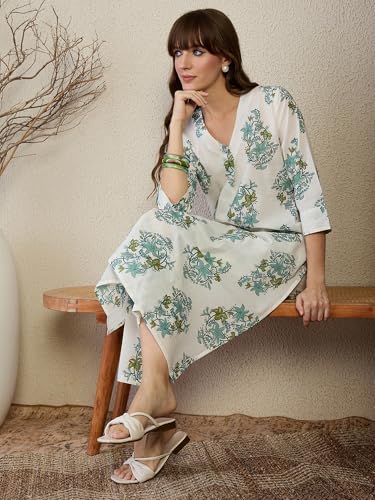 Image of INDO ERA Women's White Pure Cotton Printed Straight Kurta & Pant Set (KS0WH6702)