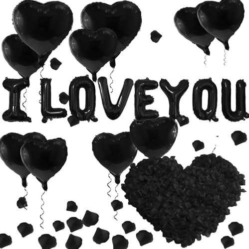 I Love You Heart Balloons with 500 Pieces Black Rose Petals Black Foil Mylar Love Balloons for Him/Her Wedding Anniversary Engagement Valentine Day Romantic Decorations Special Night Party Supplies