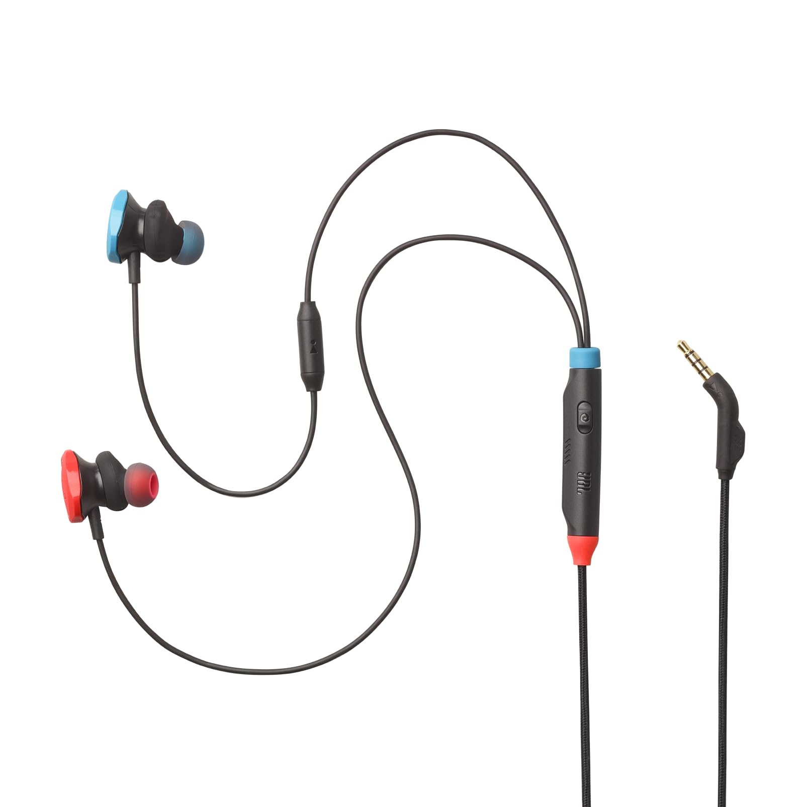 JBL Quantum 50N, écouteurs gaming intra-auriculaires filaires, son QuantumSURROUND, comptabilité multiplateformes, micro avec focalisation sur la voix, technologie Twistlock Comfort, en rouge et bleu