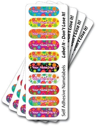 Name Stickers, Floral Stick on Name Labels, Waterproof, with Optional Over LAMINATES for Shoes. Personalised 40 Multi Coloured Labels (for Equipment)