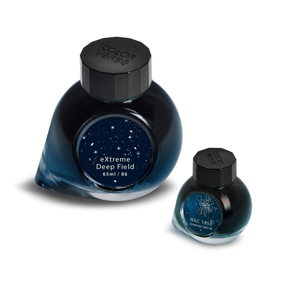 Colorverse Turquoise Blue & Shiny Turquoise Blue Fountain Pen Ink Bottles | Extreme Deep Field & NGC 1850 (Shimmer/Glitter) | 65ml & 15ml | 2 Bottle Set | Dye-Based | Eye On The Universe Series