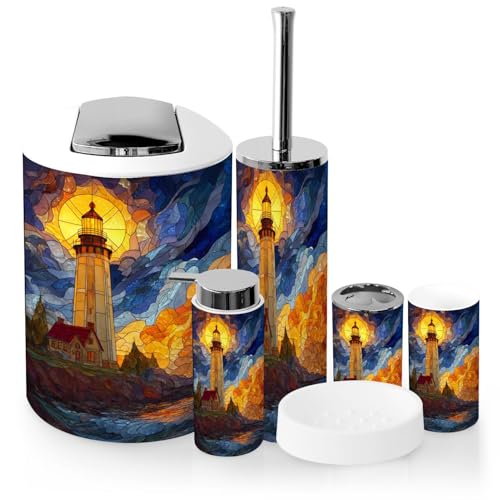 Bathroom Accessory Set 6 Piece Bright Yellow Lantern Lighthouse Abstract