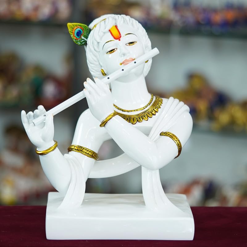 Metal Head Enterprises Marble Handmade Lord Krishna Hand Idol with Flute for Home Decor | God Statue for Pooja Room Decoration (White) mn12