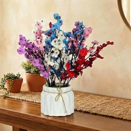 Image of Dekorly Artificial Lavender Plant in White Pot, 18cm - Realistic Faux Flower Arrangement for Home & Office Decor (Set of 1) (1, Baby Breath)