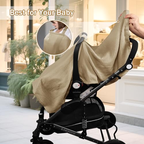 Image of Hooyax 2-in-1 Baby Car Seat Cover & Nursing Cover, 100% Muslin Cotton, Breathable Car Seat Canopy and Privacy Breastfeeding Cover, Brown