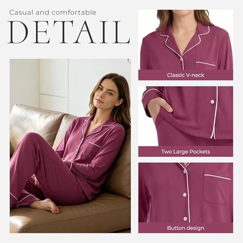 Image of HEARTNICE Womens Pajama Set, Soft Long Sleeve Pajamas & Long Pants with Pockets, Button-up Sleepwear Lounge Pjs