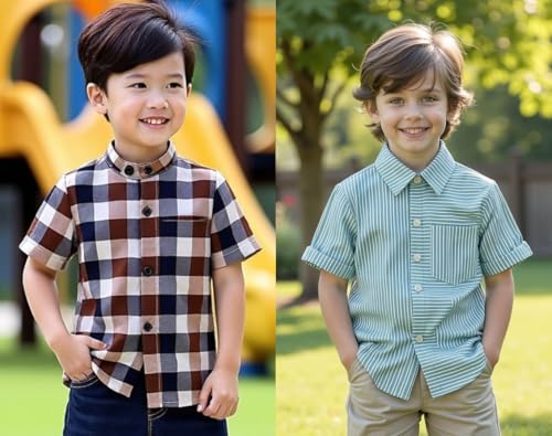 Image of Boys Short Sleeve Button Down Shirts, Plaid and Striped Pattern, Cotton Casual Tops, Pack of 2