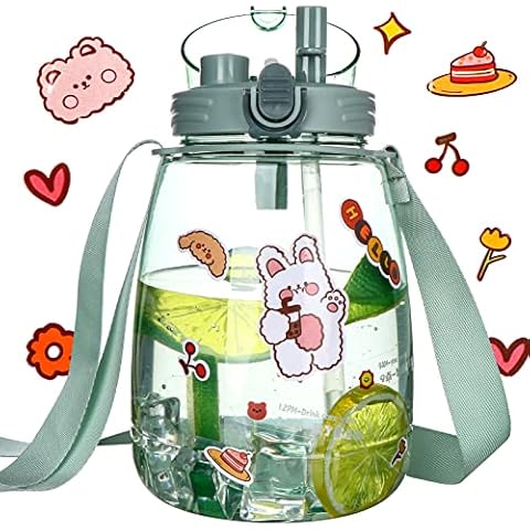 44 Oz Cute Water Bottles with Straws,Creative Kawaii High Capacity Cups,Leakproof Pot Belly Bottles with Adjustable Shoulder Strap,Anti-Fall Portable Juice Kettle Drinking Bottle Transparent Water Jug Cover