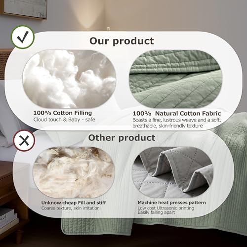 Image of palassio Striped Sage Green 100% Cotton Quilt King Size Bedding Sets, Lightweight Crinkly Channel Pick Stitch Textured Bedspread Soft Shabby Chic Farmhouse Country Coverlet for All Season, 2 Shams