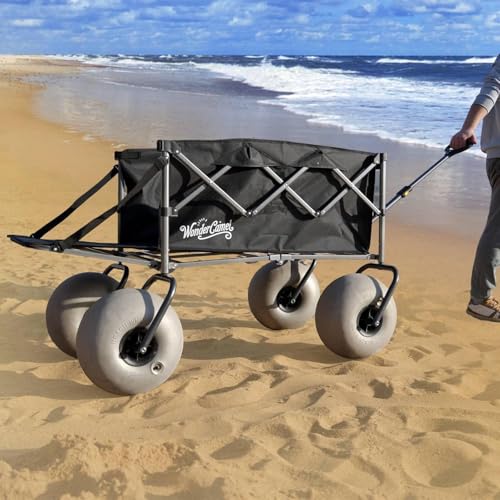 Beach Wagon with Big Wheels for Sand, 13'' Balloon Wheel, Collapsible Cart with All Terrain Inflatable Tires (Black, 185L)