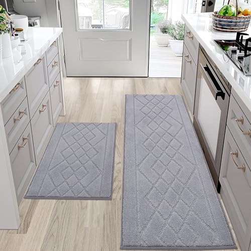BEQHAUSE Kitchen Rugs Sets of 2 Non Slip Washable Kitchen Mats for Floor Absorbent Soft Kitchen Runner Rugs for Floor,Sink,Hallway,Laundry,20”x30”+20”x48” Grey