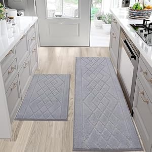 BEQHAUSE Kitchen Rugs Sets of 2 Non Slip Washable Kitchen Mats for Floor Absorbent Soft Kitchen Runner Rugs for Floor,Sink,Hallway,Laundry,20”x30”+20”x48” Grey