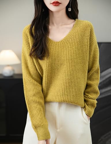 Women's 100% Merino Wool Sweater 2025 Fall Winter Casual V Neck Long Sleeve Waffles Knit Sweater Pullover4