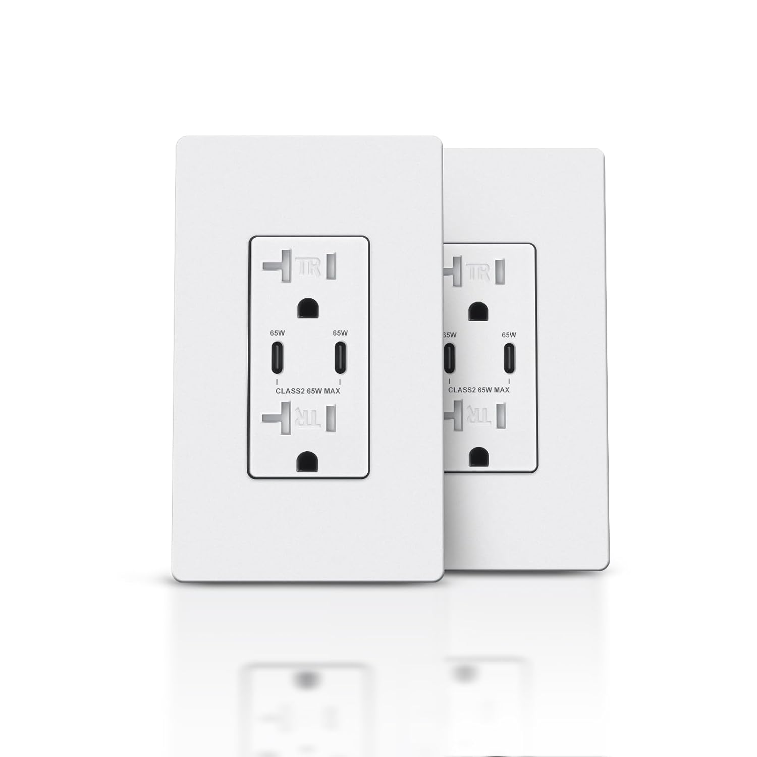 TOPELER USB Wall Outlet, PD 65W Charger Outlets for iPhone/iPad/Laptops, 20A Tamper-Resistant Electrical Outlet with Dual Type C Ports, Screwless Wall Plate Included, ETL & FCC Listed, White, 2 Pack