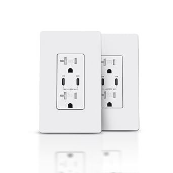 TOPELER USB Wall Outlet, PD 65W Charger Outlets for iPhone/iPad/Laptops, 20A Tamper-Resistant Electrical Outlet with Dual Type C Ports, Screwless Wall Plate Included, ETL & FCC Listed, White, 2 Pack