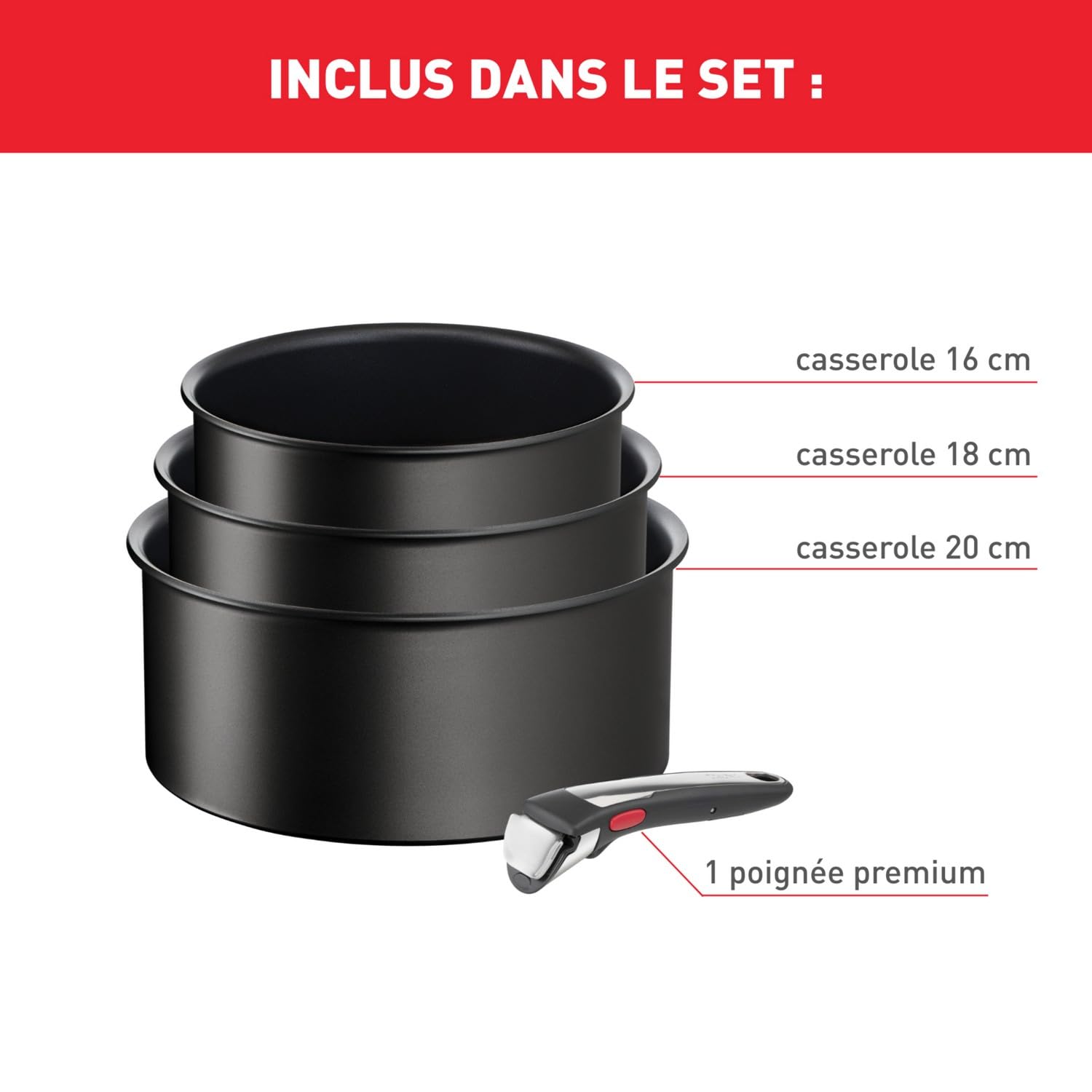 Tefal Ingenio Lot de 3 casseroles + poignée amovible, Induction, Revêtement antiadhésif, Empilable, Compatible lave-vaisselle, Fabriqué en France, Eco Resist On L7679202