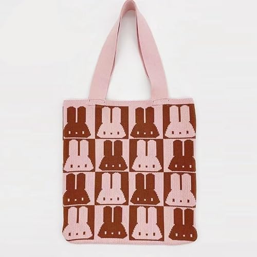 ZIIVIEVS Rabbit Creative Handheld Knitted Bag Korean Edition Simple Shopping Knitted Bag(Pinkcoffee)
