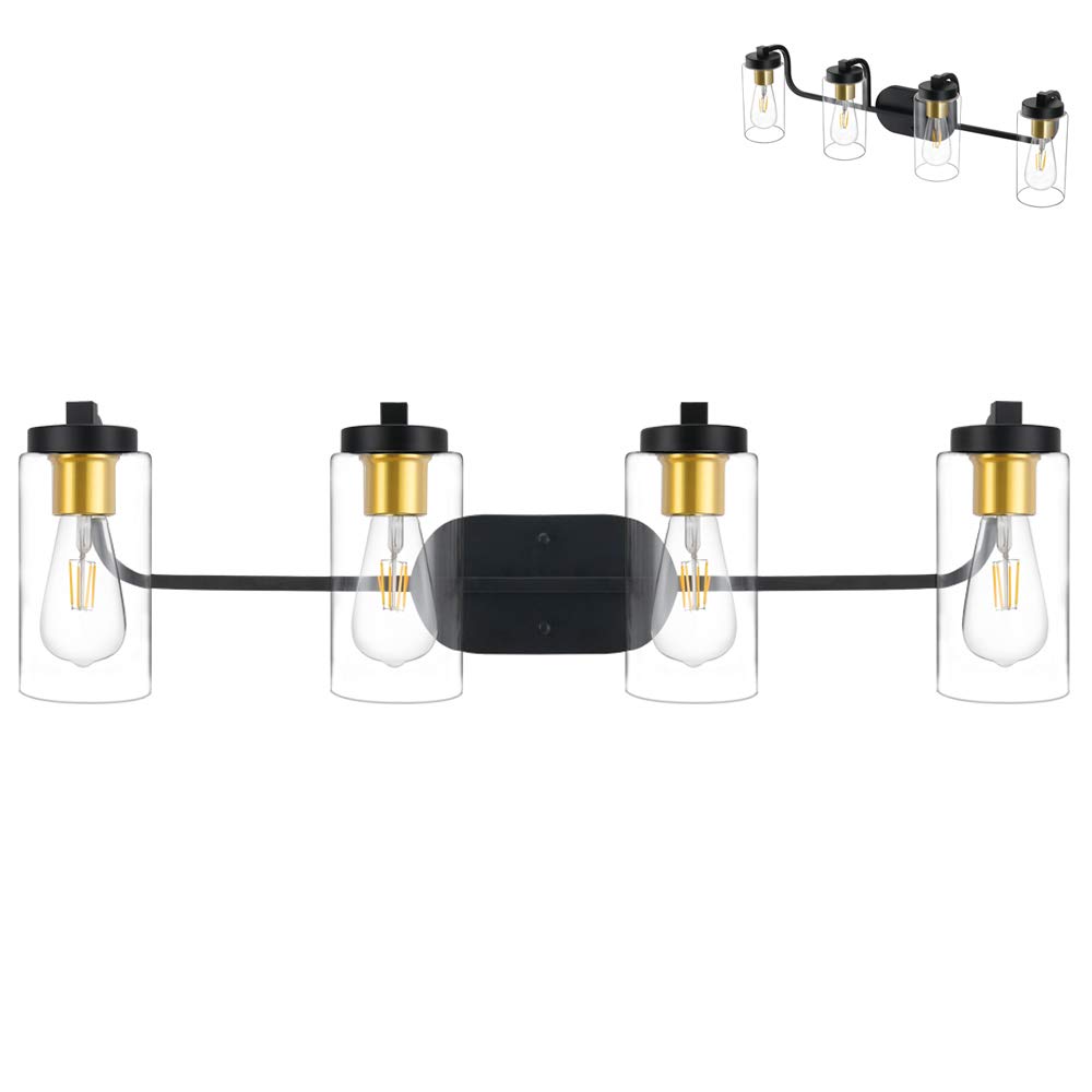 mfxmfBlack Bathroom Vanity 4 Light Fixtures, Modern Farmhouse Vanity Light Fixture, Vanity Lighting fixtures Sconce with Clear Glass Shade,for Living Rooms, Bedrooms, Hallways (Exclude Bulb)