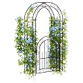 GarveeLife 7 FT Elegant Garden Arch with Gate - Romantic Steel Wedding Arbor for Climbing Roses & Vines, Decorative Metal Archway for Lawn, Patio or Backyard, Classic Black