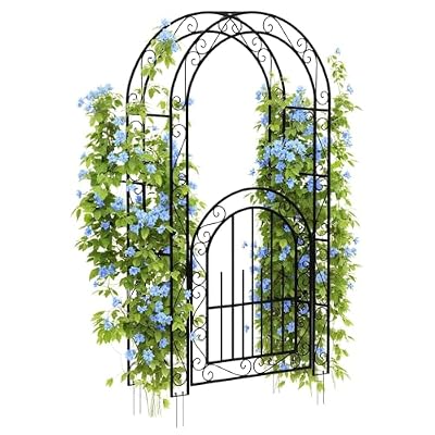GarveeLife 7 FT Elegant Garden Arch with Gate - Romantic Steel Wedding Arbor for Climbing Roses & Vines, Decorative Metal Archway for Lawn, Patio or Backyard, Classic Black