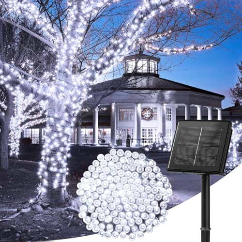 Cadena de luces solares para exterior - 20m 200 LED, alimentada por energía solar, 8 modos de iluminación, resistente al agua, luz de jardín, balcón, terraza, luz solar para exterior, blanco puro
